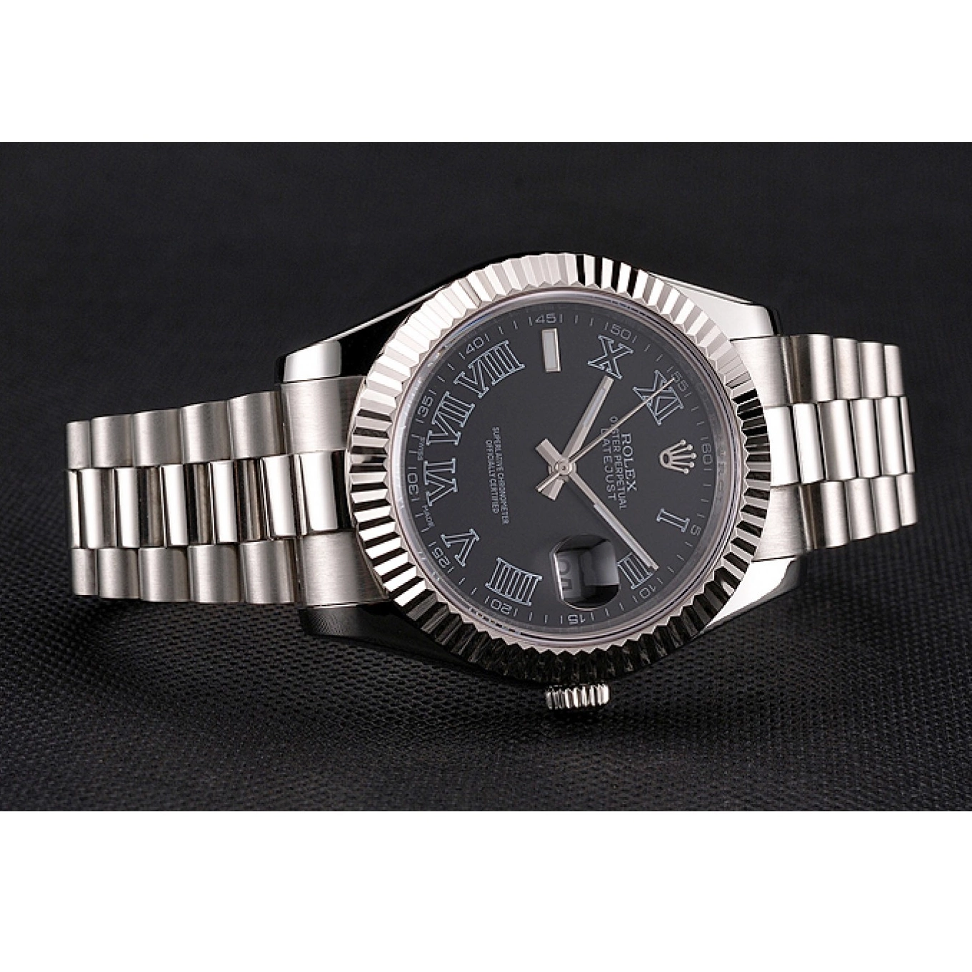 AAA Replica Watches Roman And Datejust Black Swiss Numerals Dial Rolex Case Stainless Steel Bracelet 0806
